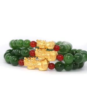 24K Pure Yellow Gold "Pixiu" With Genuine Green Jade Round Beads Bracelet Bangle ( 9.5 mm )