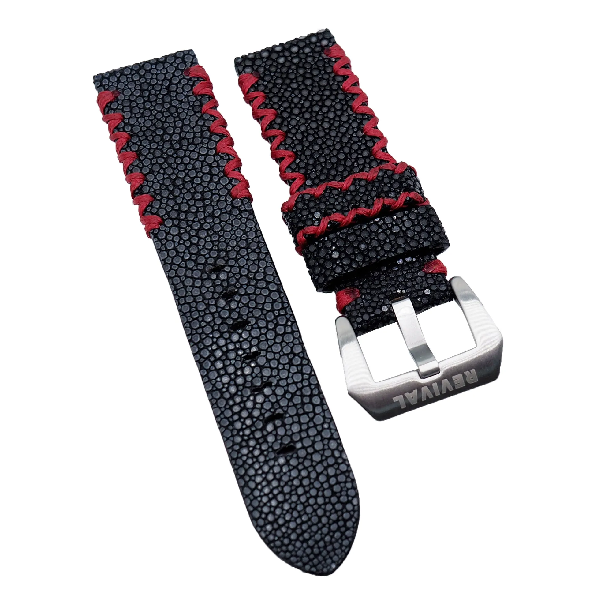 24mm Black Stingray Leather Watch Strap, Red M Pattern Stitching For Panerai