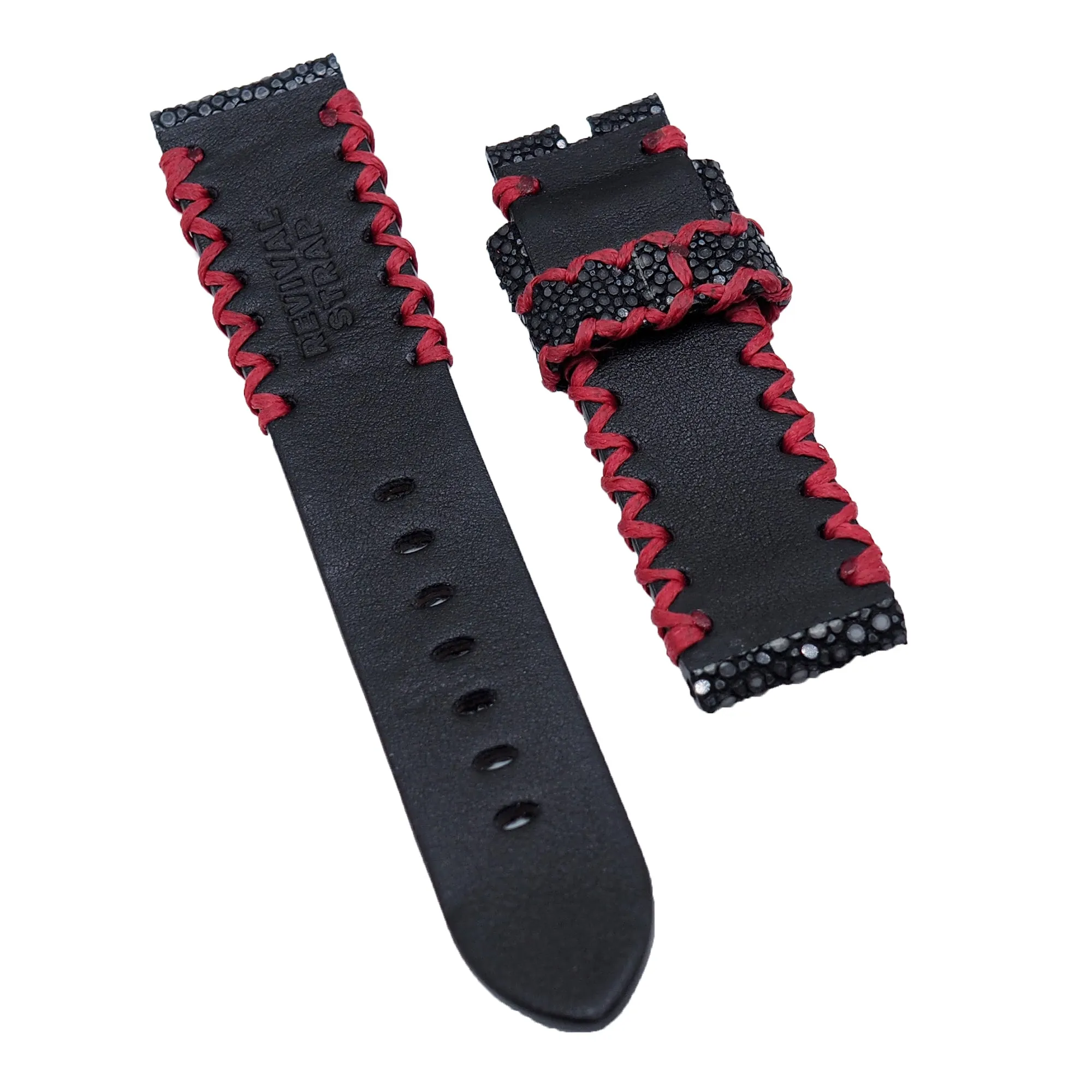 24mm Black Stingray Leather Watch Strap, Red M Pattern Stitching For Panerai