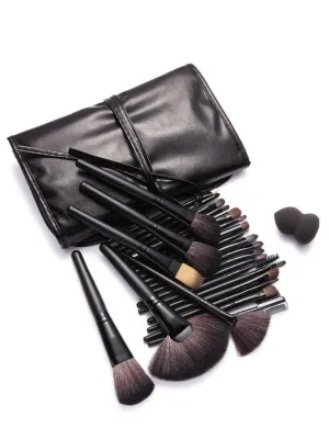 24Pcs Black Professional Makeup Brush Set with Leather Bag