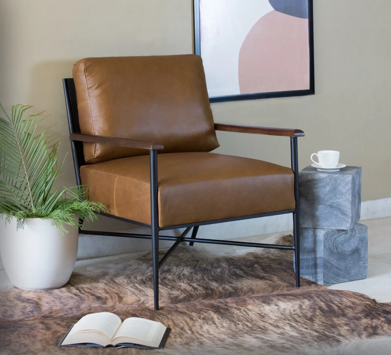 24" Brown Top Grain Leather And Black Solid Color Arm Chair By Homeroots