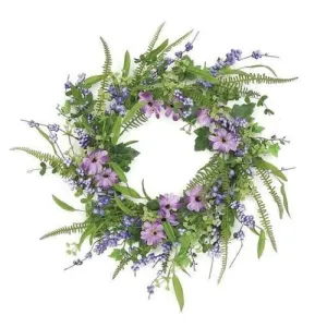 24" Decorative Purple and Green Daisy and Mixed Berry Artificial Floral Wreath - Unlit