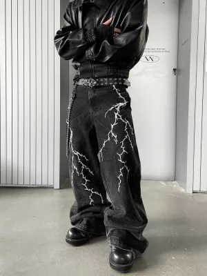 【24s Nov.】Niche Design Embroidered Lightning Loose Jeans