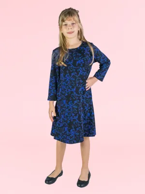 24seven Comfort Apparel Girls Black and Blue Long Sleeve Loose Fit Knee Length Tunic Pocket Dress