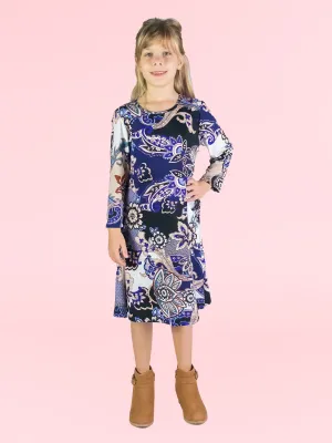 24seven Comfort Apparel Girls Blue Paisley Long Sleeve Loose Fit Knee Length Tunic Pocket Dress