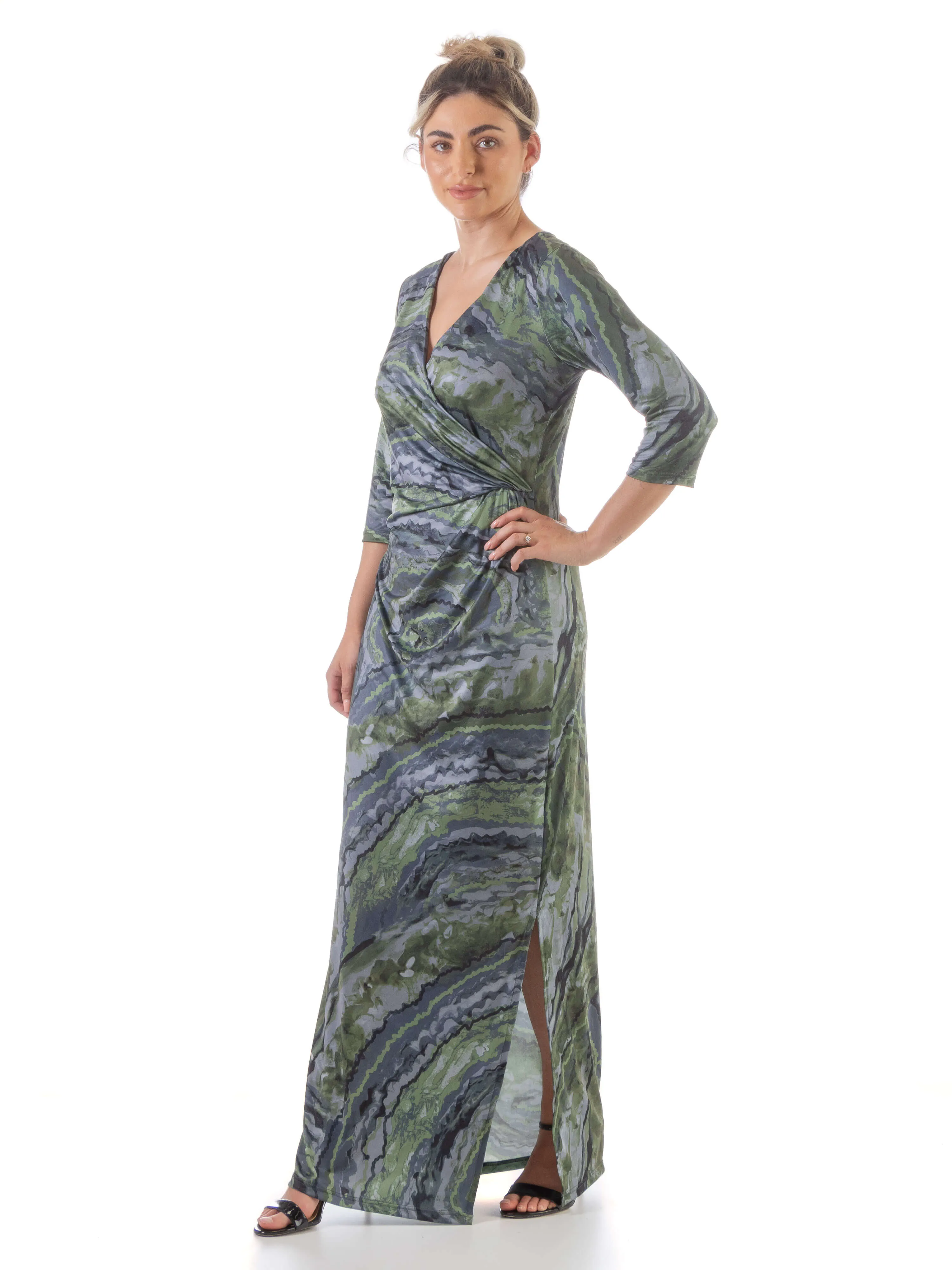 24seven Comfort Apparel Green Faux Wrap Side Slit Maxi Dress