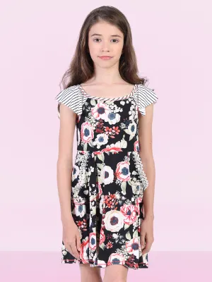 24seven Comfort Apparel Knee Length Girls Black Floral Pocket Dress