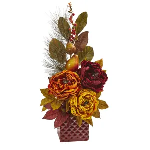 25” Peony, Pear and Magnolia Leaf Artificial Arrangement in Red Vase