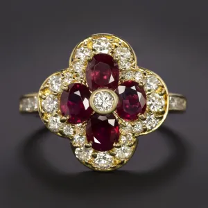 2.51ct RUBY DIAMOND COCKTAIL RING 18k YELLOW GOLD CLOVER SHAPE CLUSTER NATURAL