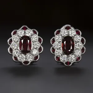 2.5ct RUBY DIAMOND STUD EARRINGS OVAL SCALLOPED HALO NATURAL RED 14k WHITE GOLD