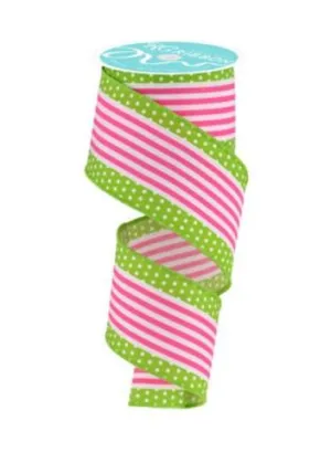 2.5" Hot Pink/White Stripe Lime Dot Edge Ribbon - 10yds