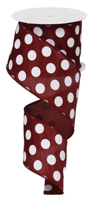 2.5" Maroon and White Polka Dot Satin Ribbon Wired - 10Yds