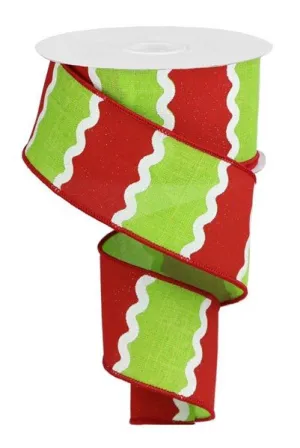 2.5" Wavy Stripe Ribbon: Red/Lime Grn/Wht - 10yds