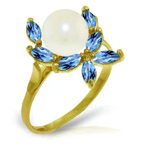 2.65 Carat 14K Solid Yellow Gold Ring Natural Blue Topaz Pearl