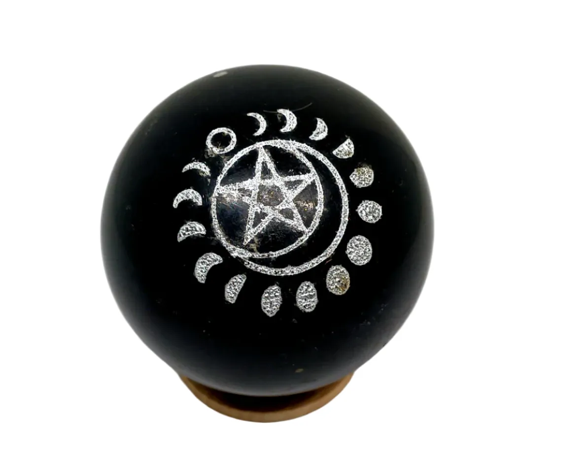 279G Black Tourmaline Crystal Moon Phase with Pentagram Sphere