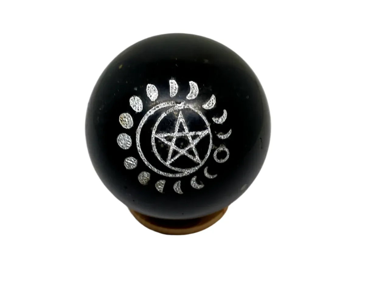 279G Black Tourmaline Crystal Moon Phase with Pentagram Sphere