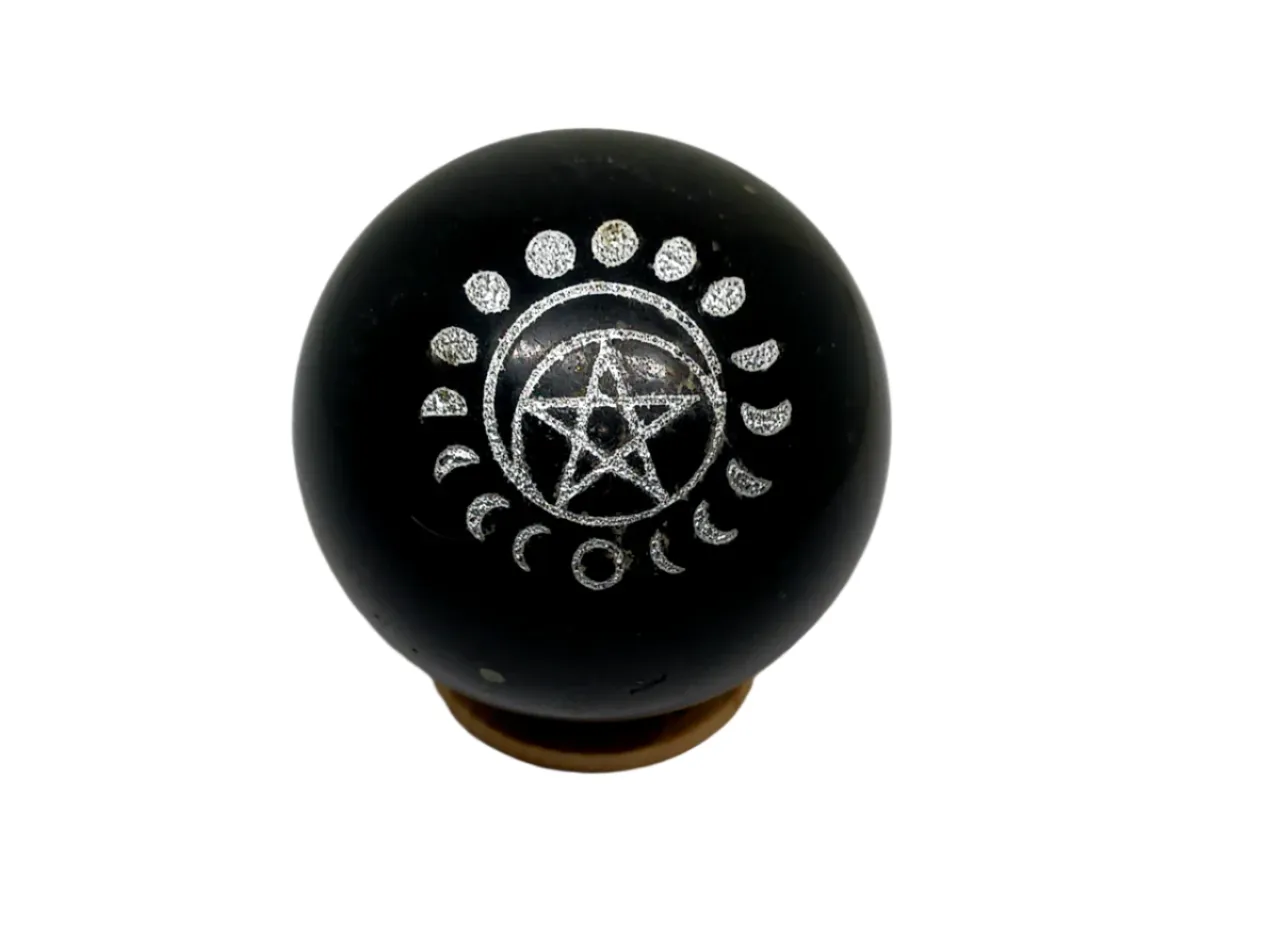 279G Black Tourmaline Crystal Moon Phase with Pentagram Sphere