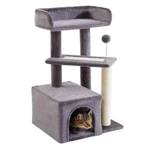 27" Multi-Level Wood Kitty Condo with Scratching Post and Pad