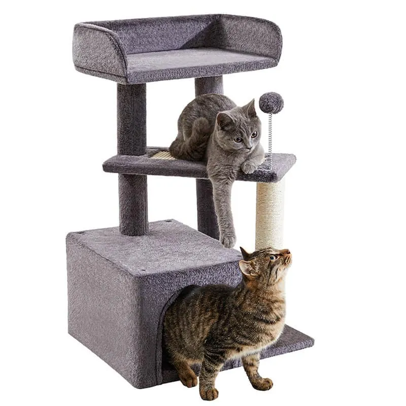 27" Multi-Level Wood Kitty Condo with Scratching Post and Pad