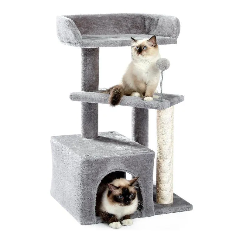 27" Multi-Level Wood Kitty Condo with Scratching Post and Pad