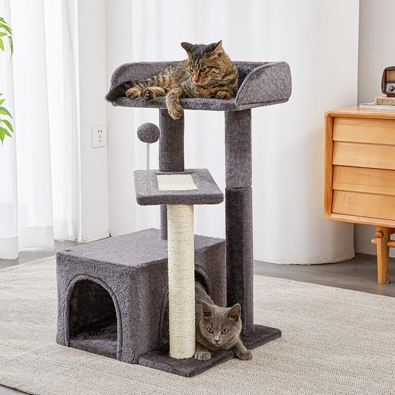 27" Multi-Level Wood Kitty Condo with Scratching Post and Pad