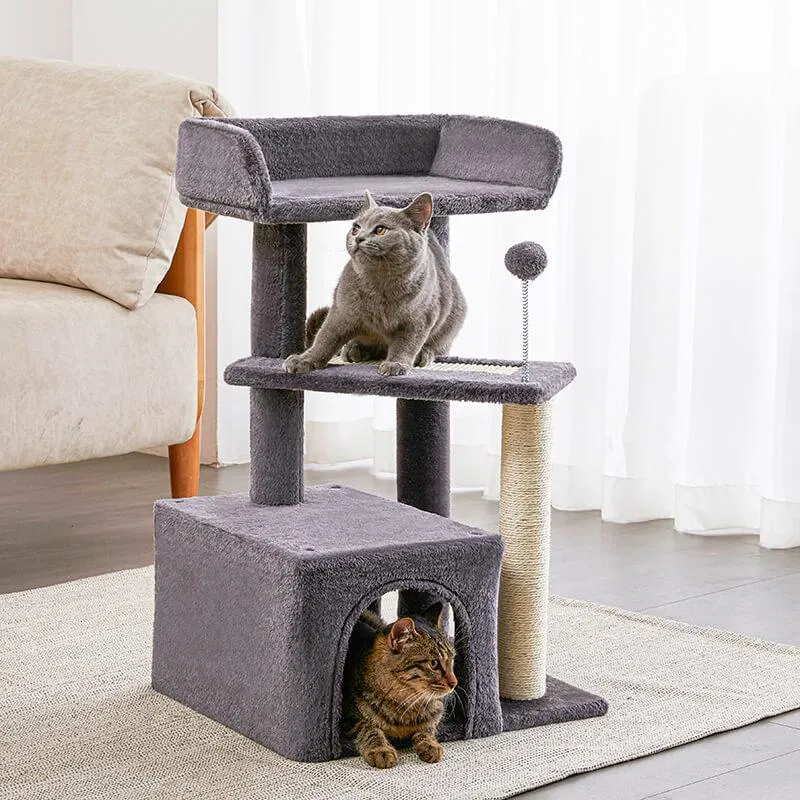 27" Multi-Level Wood Kitty Condo with Scratching Post and Pad