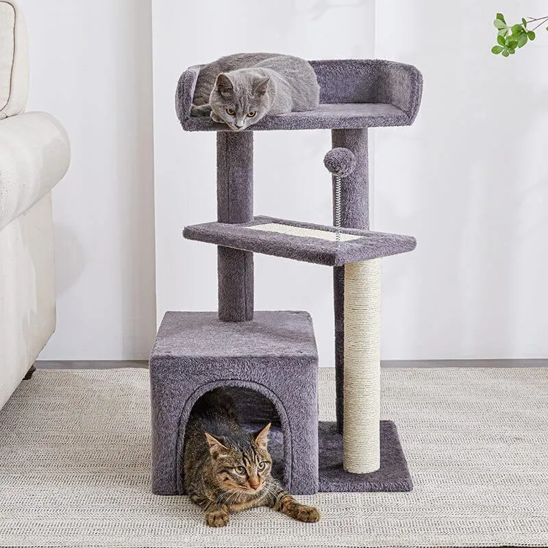 27" Multi-Level Wood Kitty Condo with Scratching Post and Pad