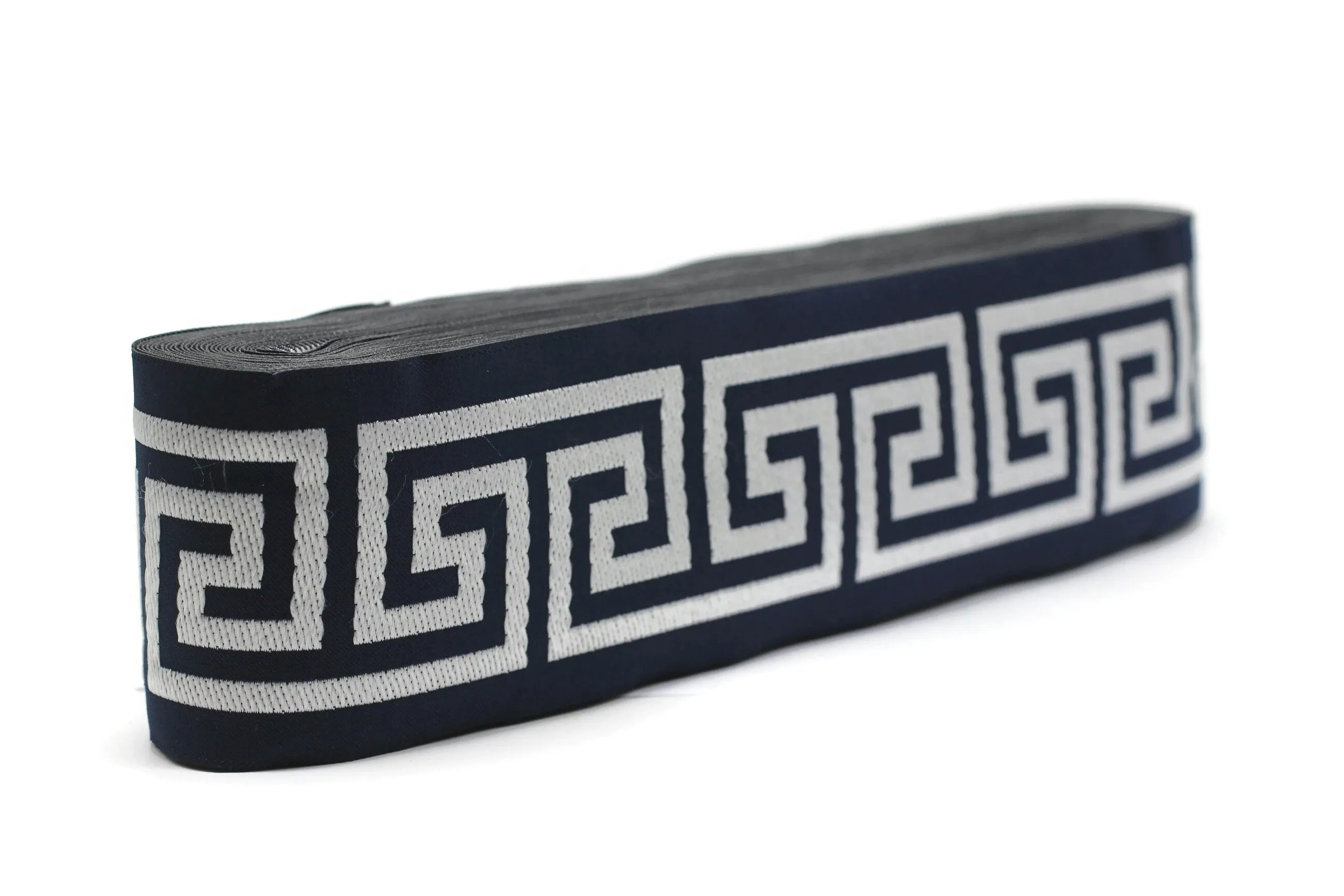 2.7" Navy Blue Greek Key Jacquard Ribbon for Drapes, 16 Yards in one Continuous Trim, Curtains, Drapery Banding, Drapery Trim Tape V10 176