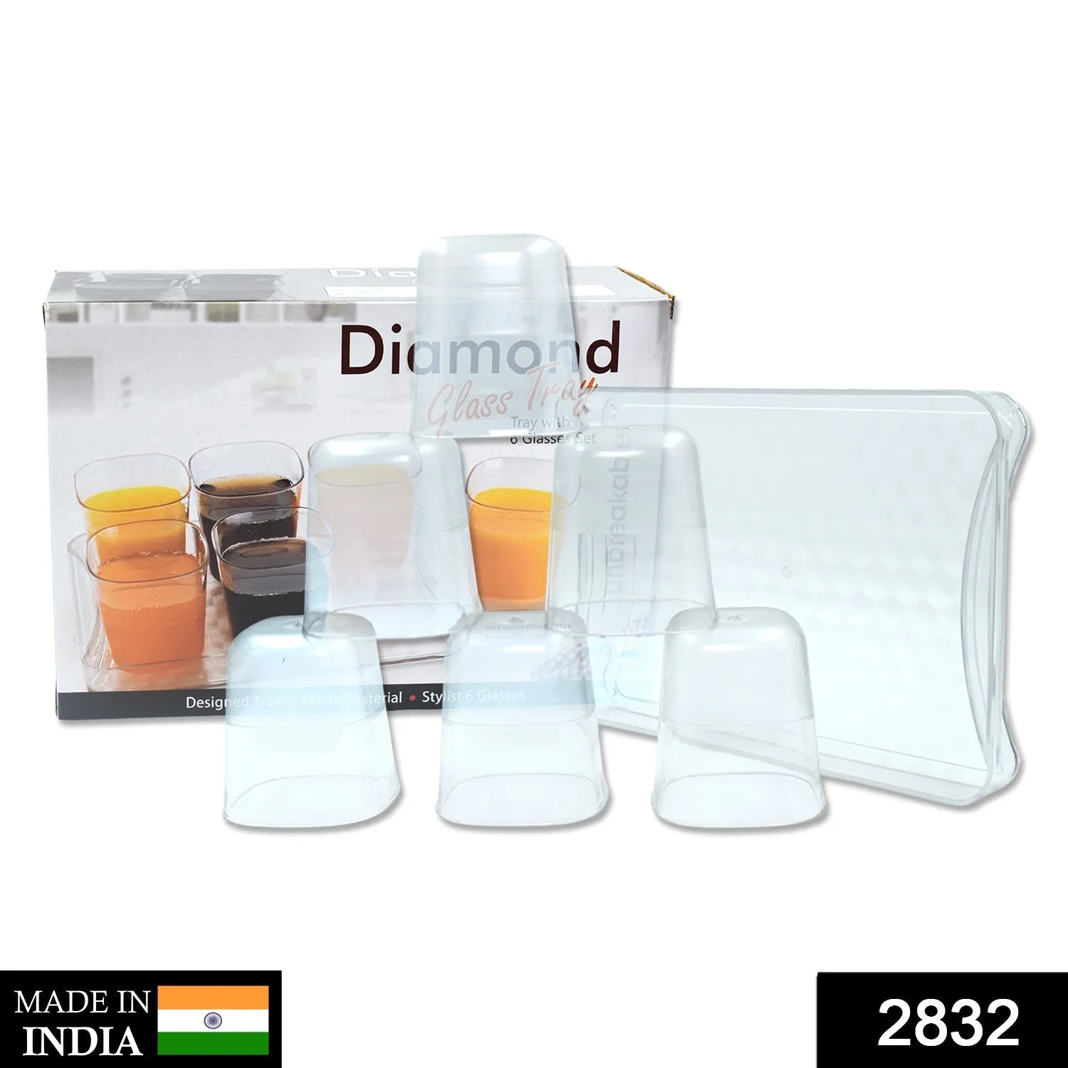 2832 6pc Glasses Set With tray Stylish Transparent Water Glass / Juice Glass / Beer Glass / Wine Glass Plastic Glass Set