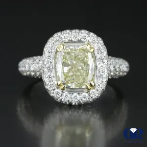 2.88 Carat Fancy Yellow Cushion Cut Diamond Double Halo Engagement Ring In 14K White Gold