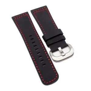 28mm Black Matte Calf Leather Watch Strap For SevenFriday, Red Stitching