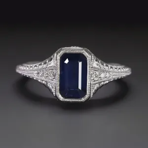 2ct VINTAGE STYLE SAPPHIRE DIAMOND RING EMERALD CUT 14k WHITE GOLD FILIGREE BLUE