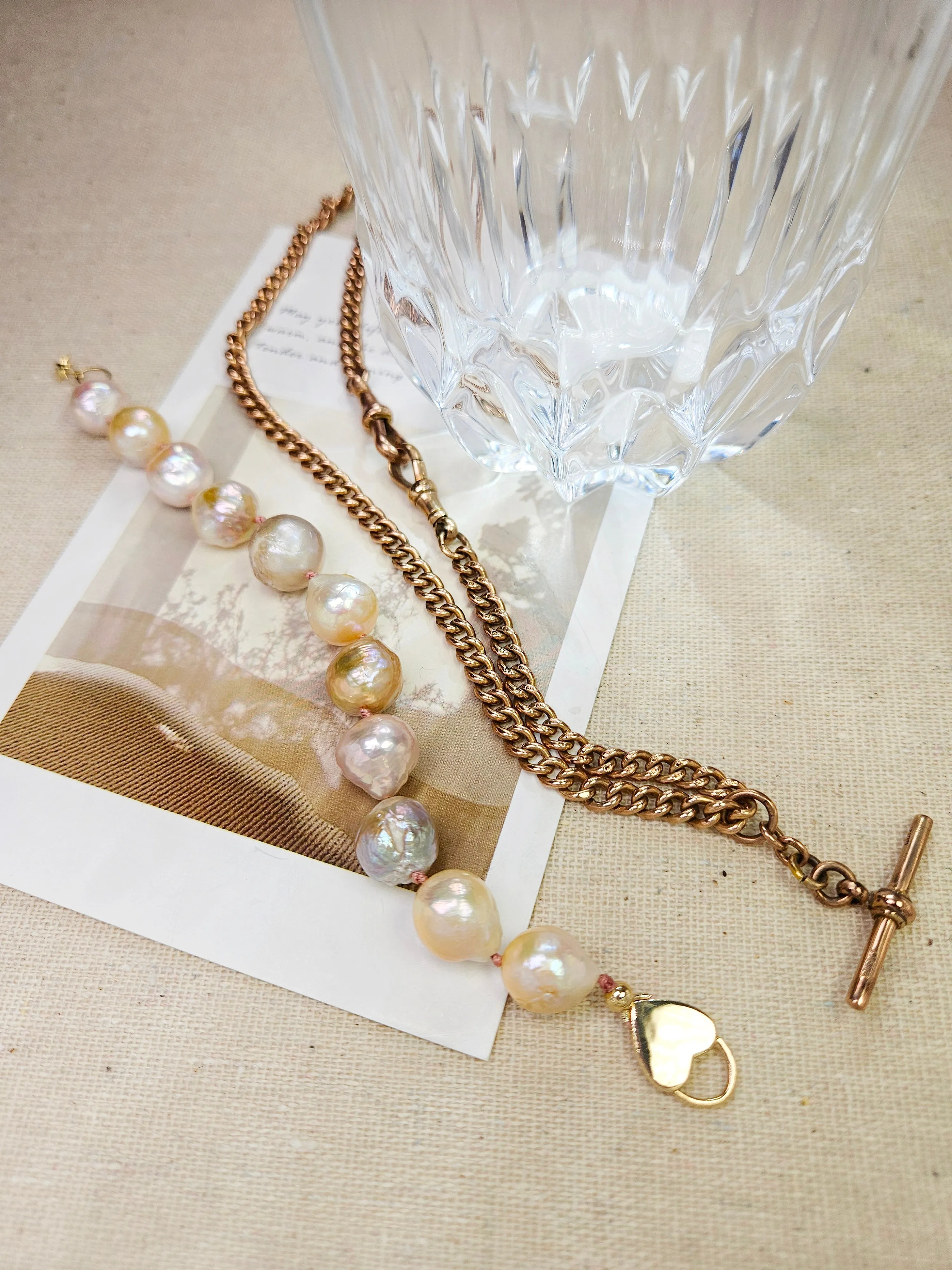 2IN1 - Antique 9k Gold Watch Chain T Bar & Genuine Freshwater Baroque Pearl 14K Gold Bracelet Heart Clasp Star Charm | Indulgems | Antique Jewelry Revamped