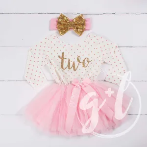 2nd Birthday Outfit Gold Script "TWO" Pink Polka Dot Long Sleeve Tutu Dress with Pink & Gold Headband