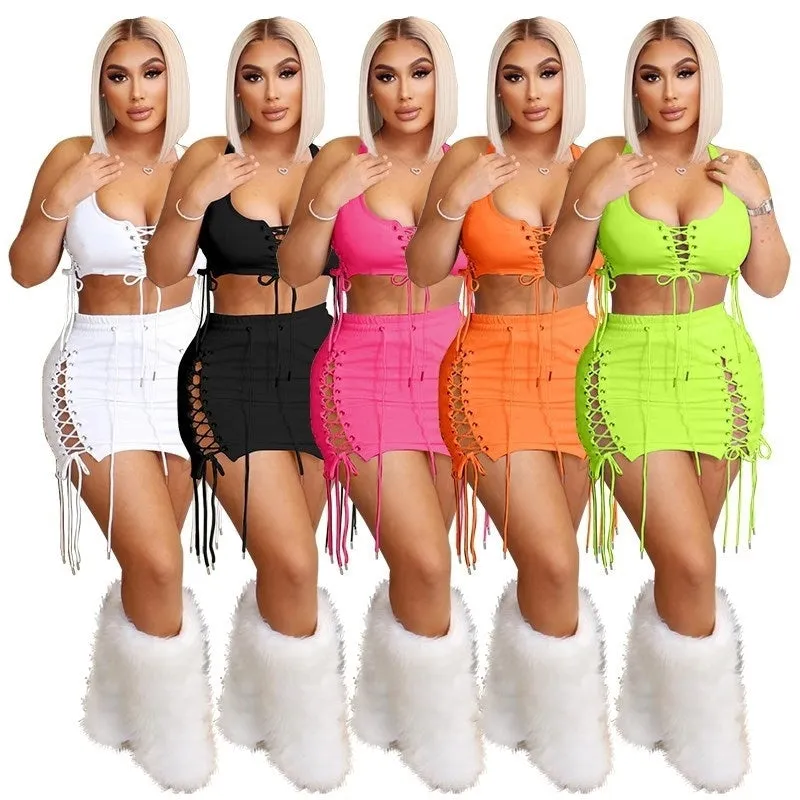 2pack Sexy Halter Sleeveless Top with High Waist Lace Up Skirts