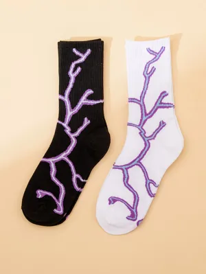 2pairs Lightning Pattern Crew Socks Silly Socks for Women Funky Socks Funny