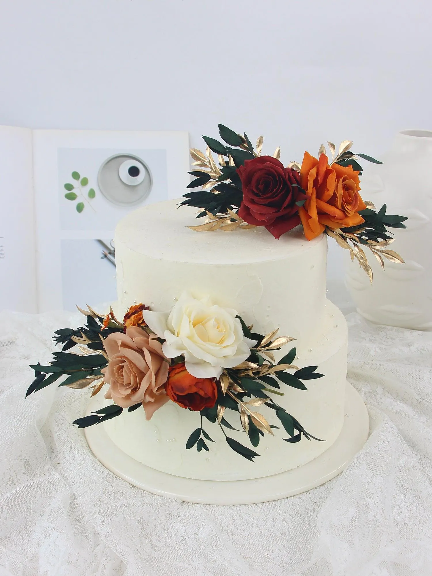 2Pcs Burnt Orange & Burgundy Cake Flowers Set