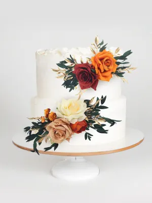 2Pcs Burnt Orange & Burgundy Cake Flowers Set