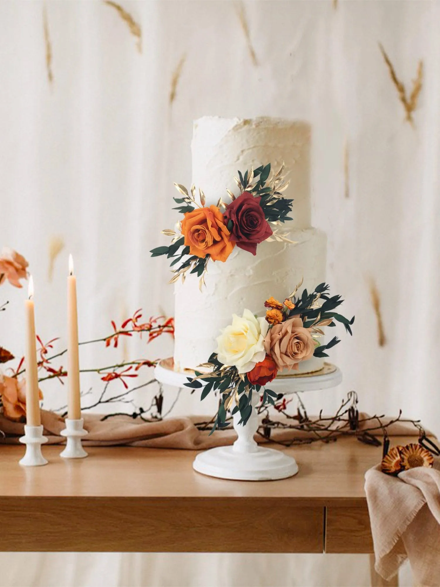 2Pcs Burnt Orange & Burgundy Cake Flowers Set