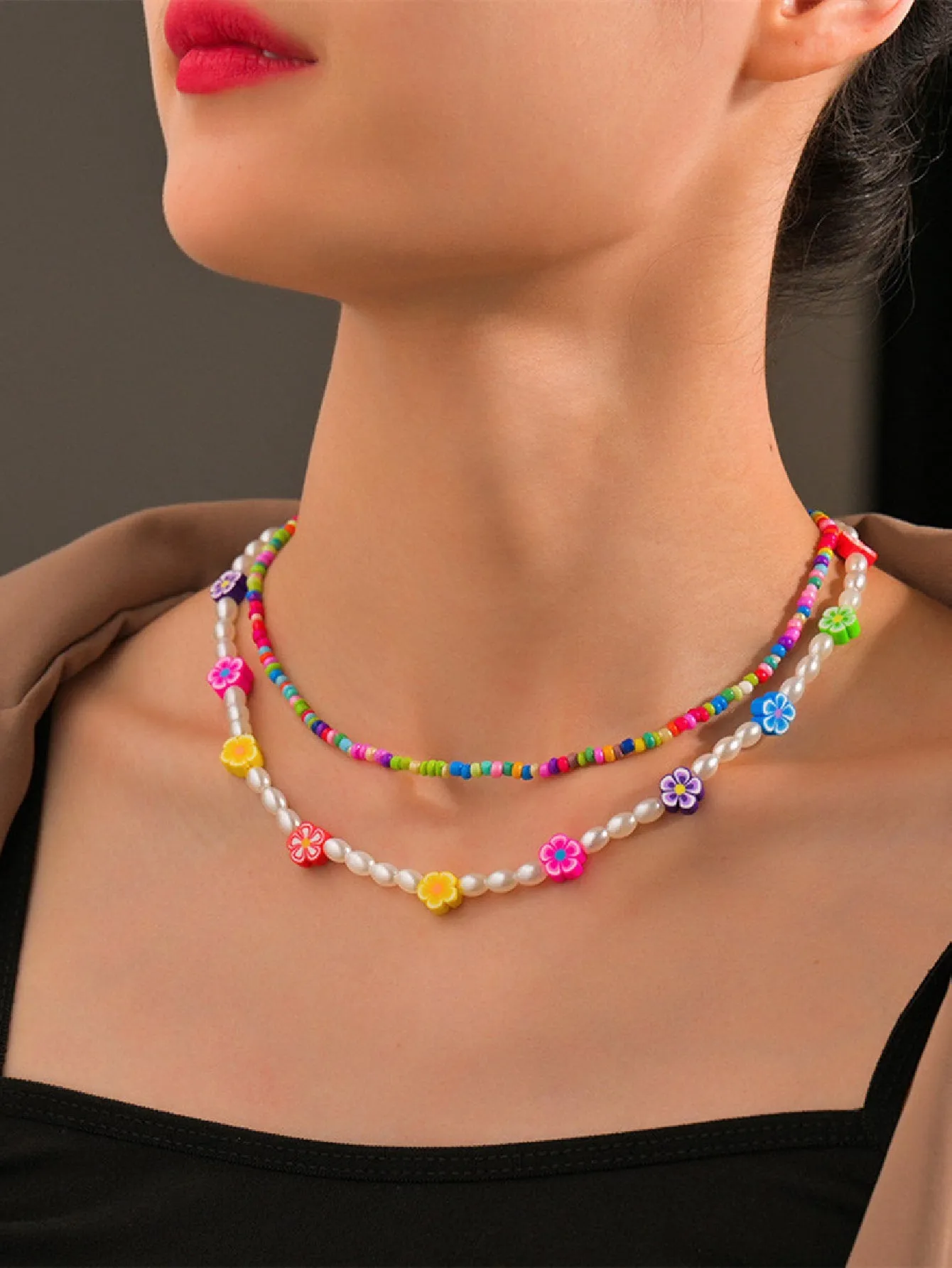 2pcs Layered Flower Decor Beaded Necklace for Women Girls Accessories Jewelry