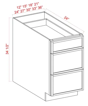 3 Drawer Base Cabinet 12"-36" - Shaker Slim