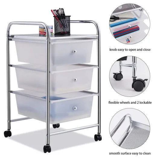 3 Drawers White Metal Rolling Storage Cart