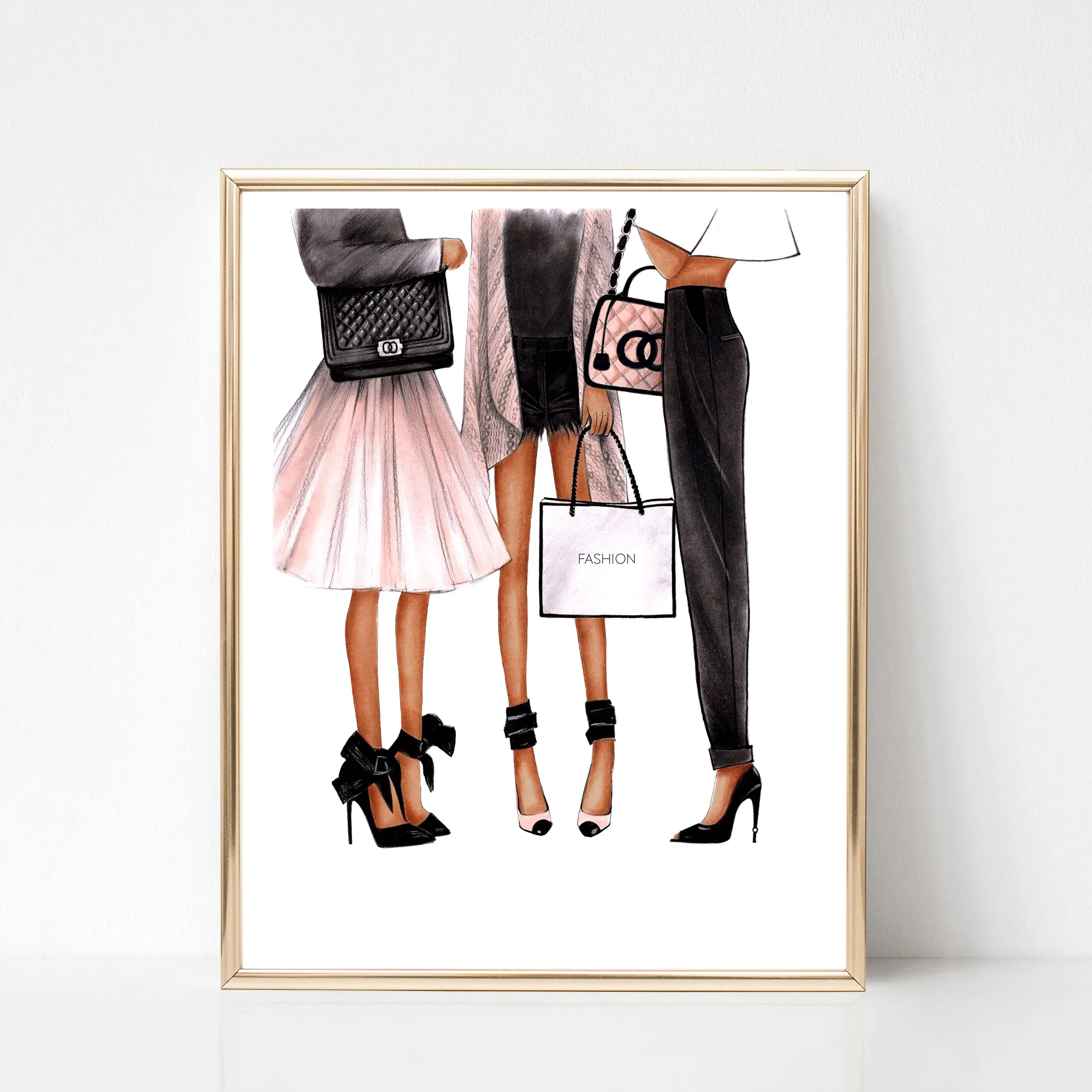 3 fashionista girls on shopping art print fashion illustration