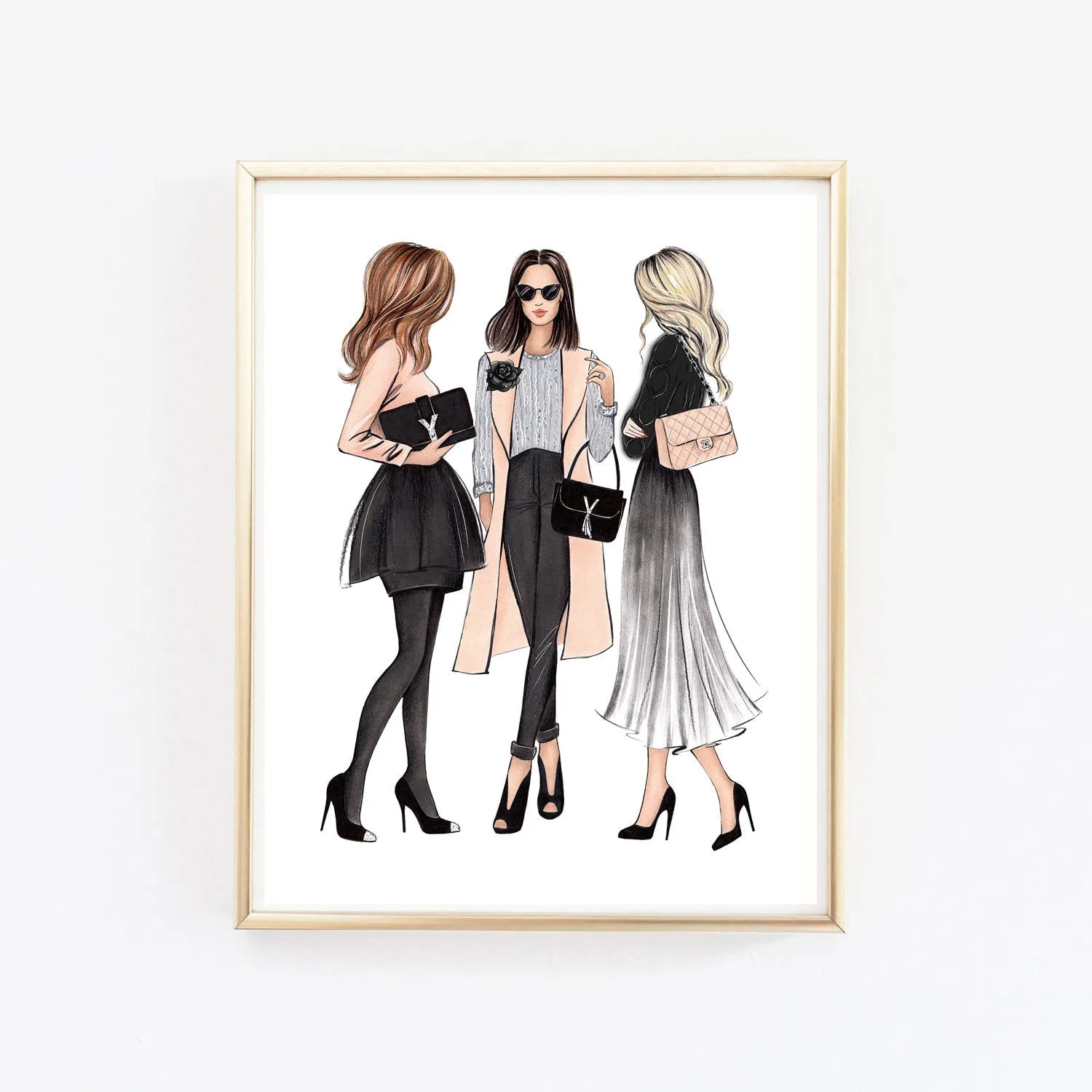 3 ladies in elegant outfits art print fashion illustration