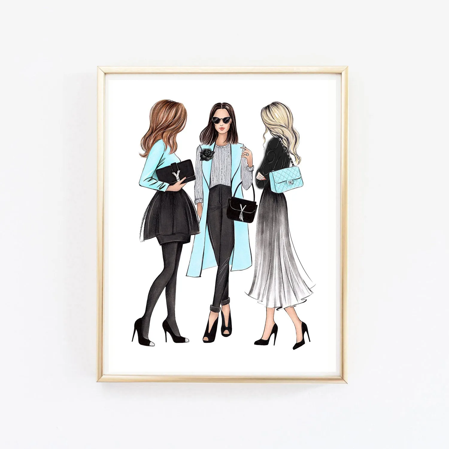 3 ladies in elegant outfits art print fashion illustration