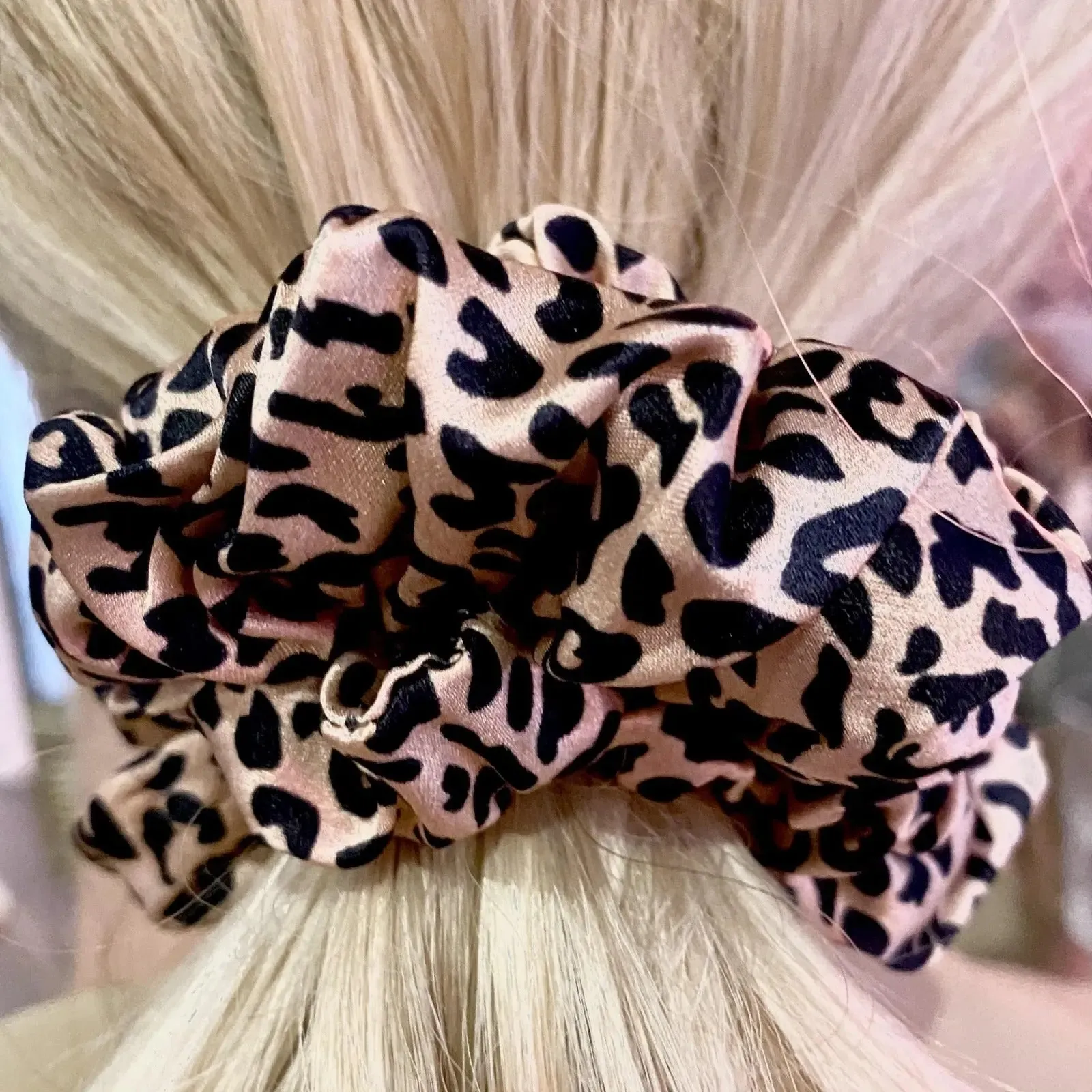 3 Large Silk Scrunchies - Rose Gold Leopard Mixed Set