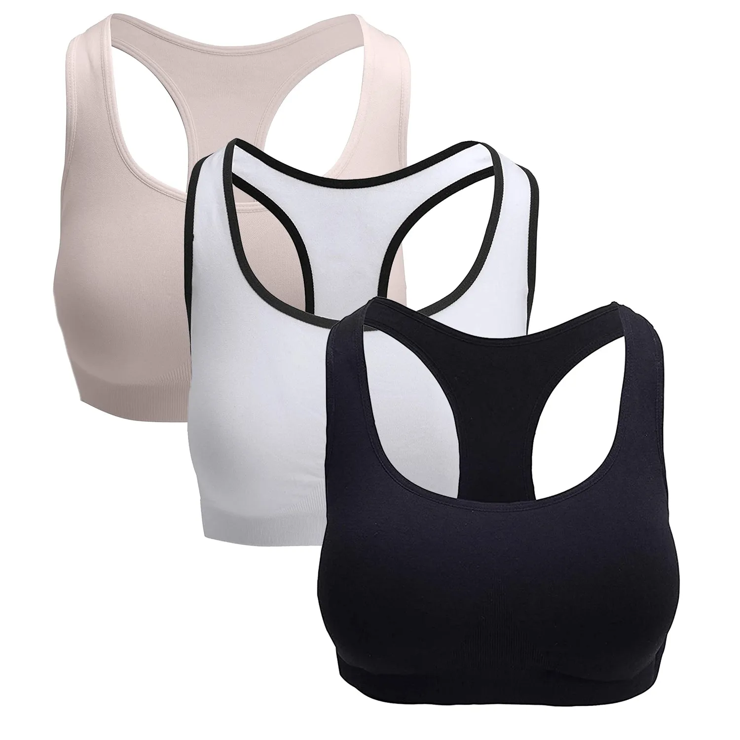 3 Pack Racerback Black Sports Bras, Removable Padded Seamless Activewear Fitness Bra