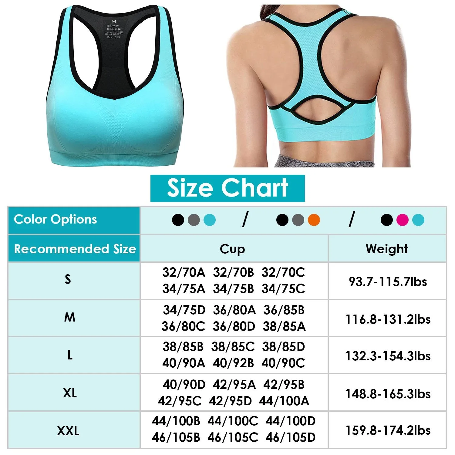 3 Packs Women Sports Bras Padded Yoga Fitness Push Up Bra 90% Nylon S-XXL