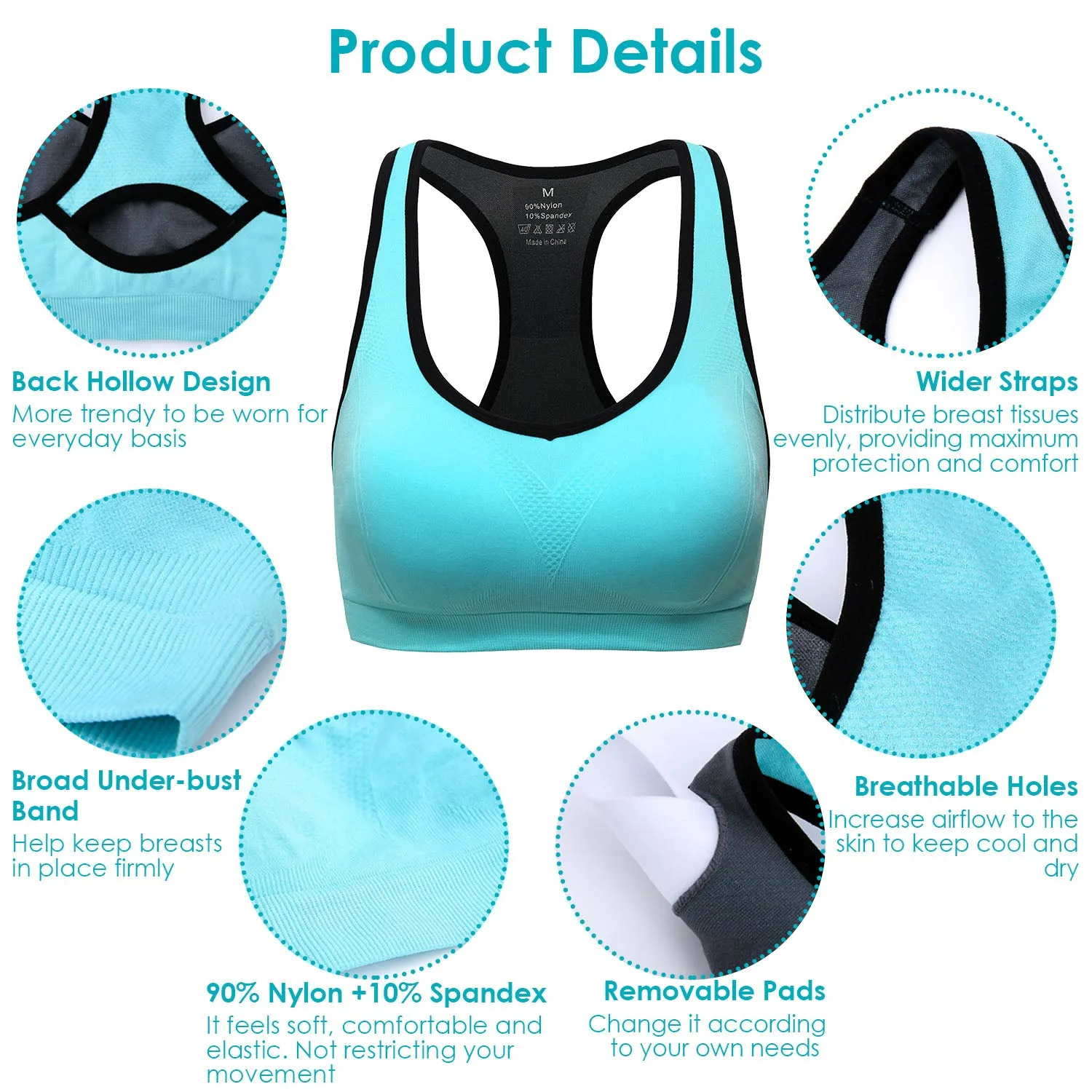 3 Packs Women Sports Bras Padded Yoga Fitness Push Up Bra 90% Nylon S-XXL