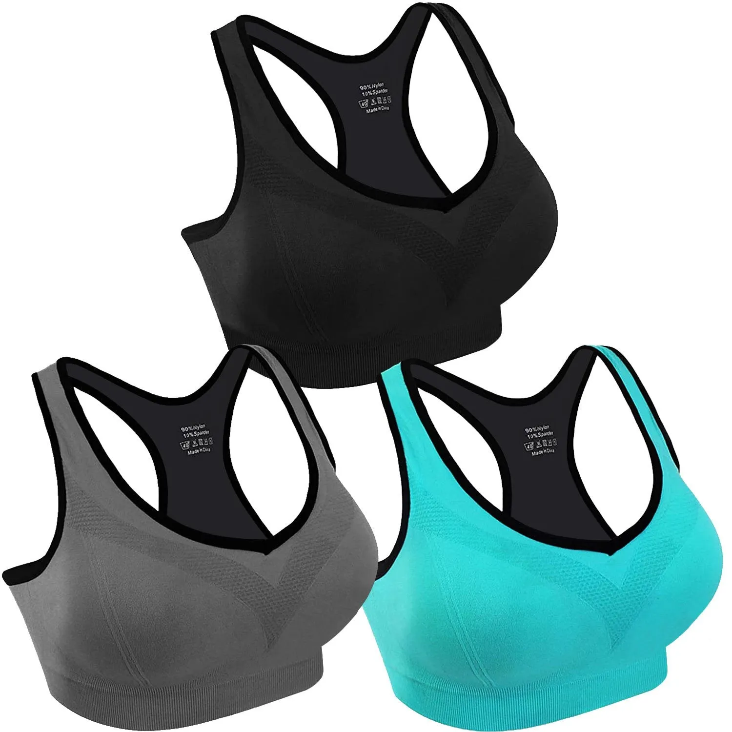 3 Packs Women Sports Bras Padded Yoga Fitness Push Up Bra 90% Nylon S-XXL